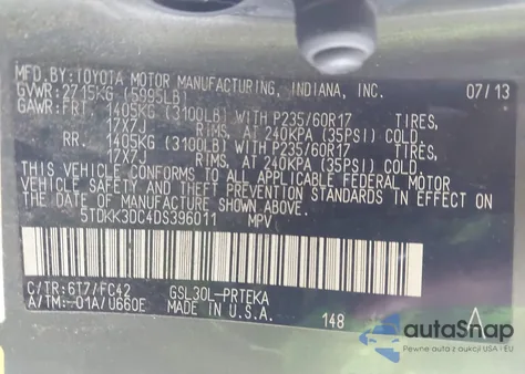 2013 Toyota Sienna Le V6 8 Passenger из США, поврежденный, VIN 5TDKK3DC4DS396011